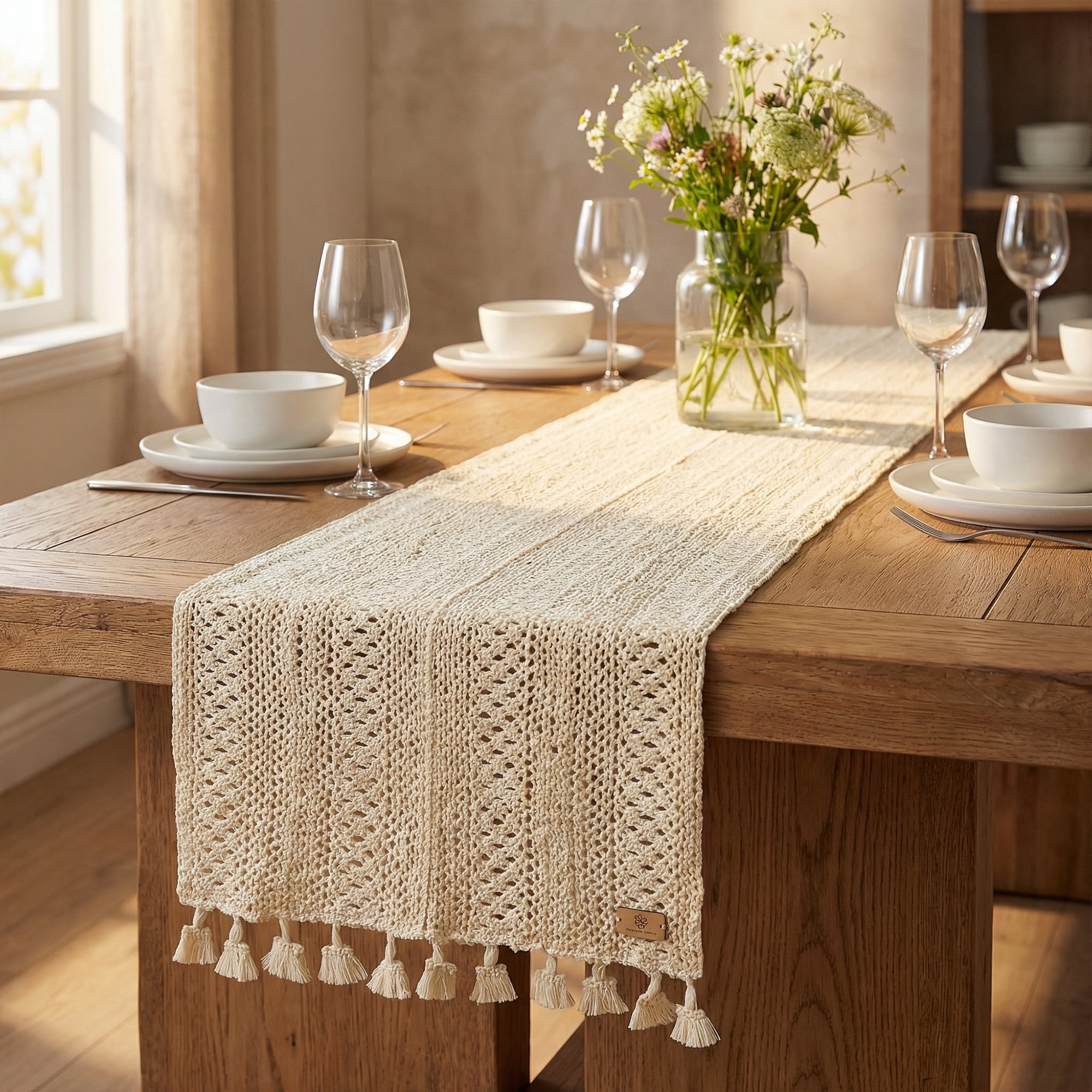 Unique Bargains Long Washable Cotton Kitchen Runner with Tassel Striped flower 70.9in