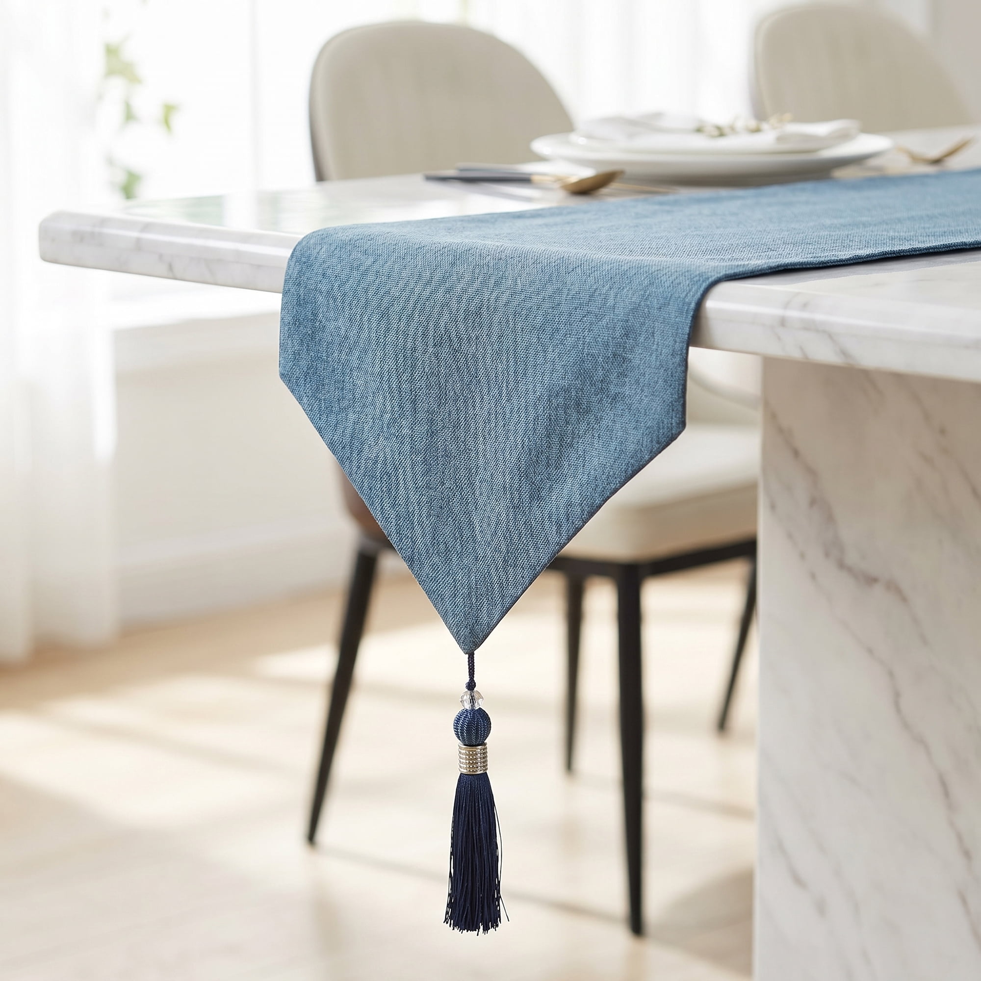 Unique Bargains Long Washable Cotton Table Runner Dark Blue 12.6" x 63"
