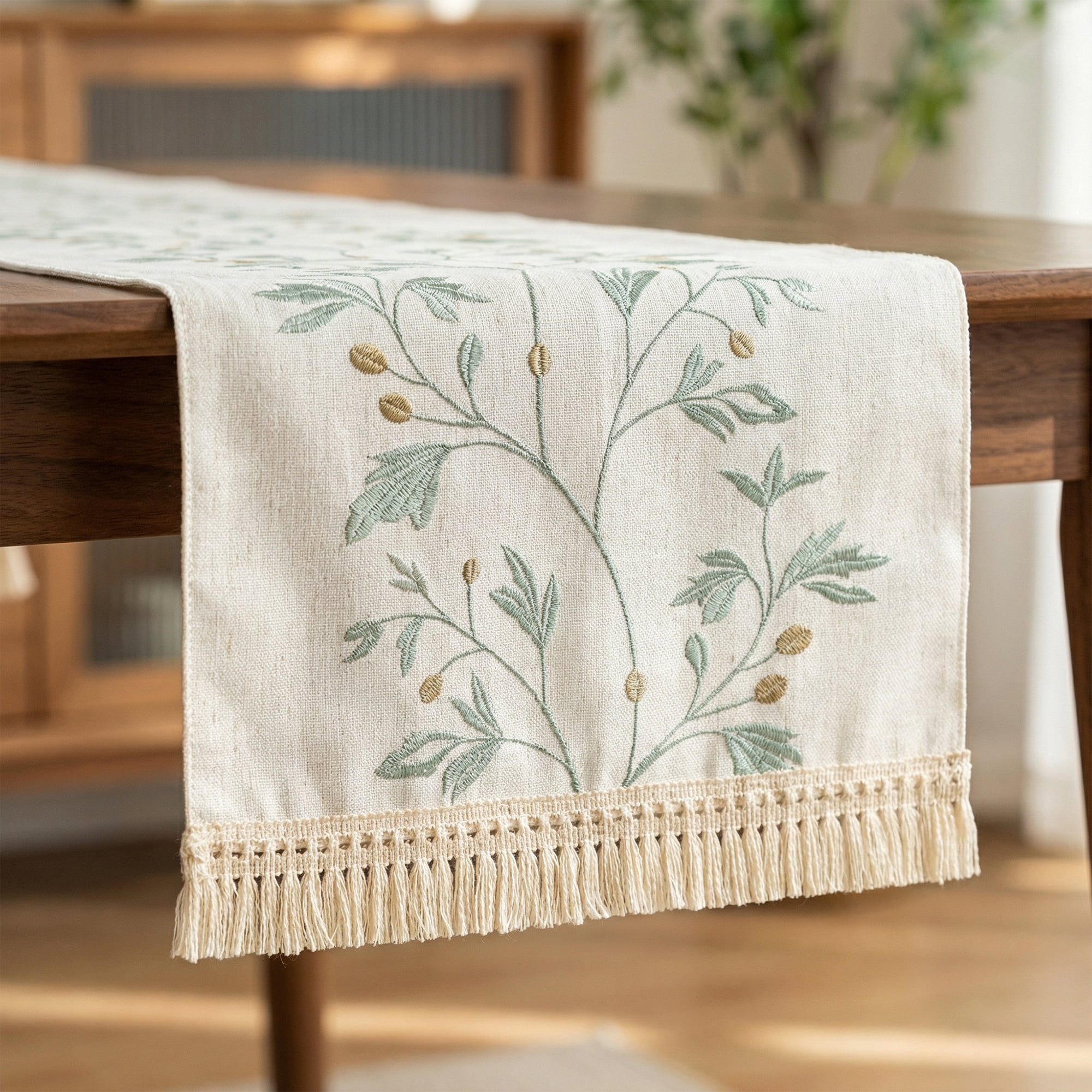 Unique Bargains Long Washable Floral Table Runner for Dining Decor Green 15.4"x63"