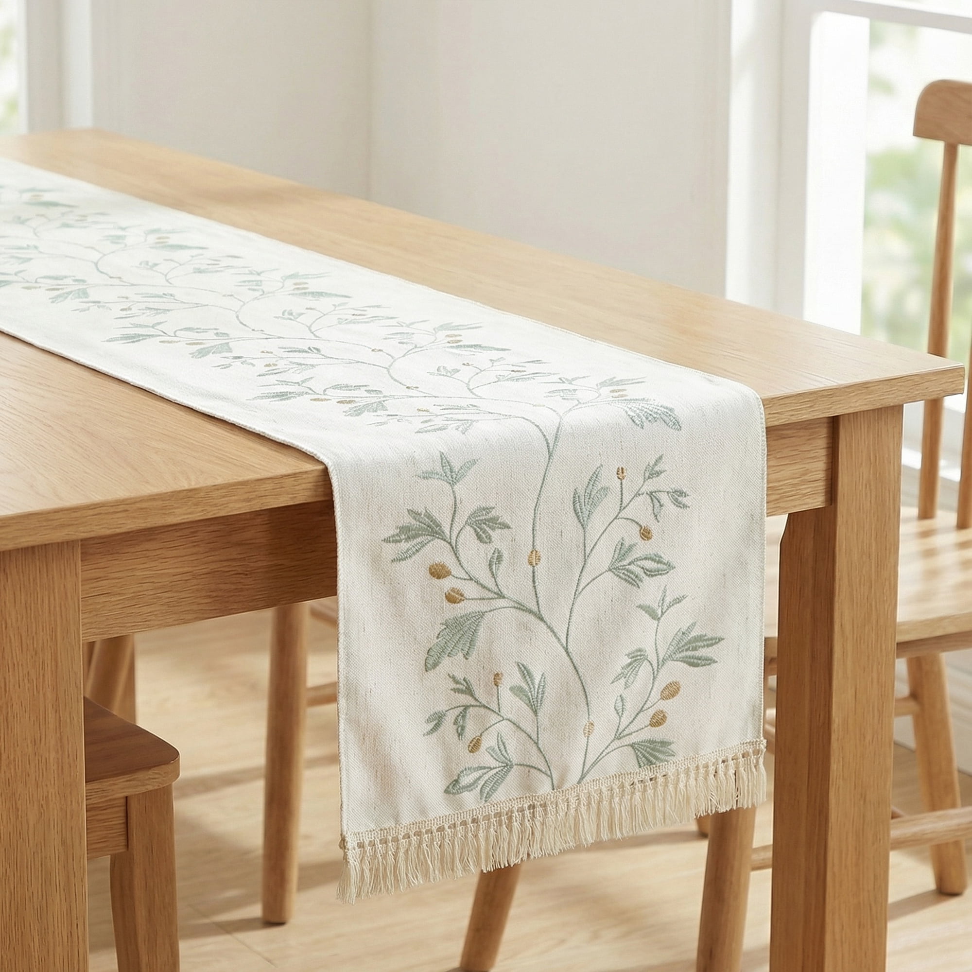 Unique Bargains Long Washable Floral Table Runner for Dining Decor Green 15.4"x70.9"