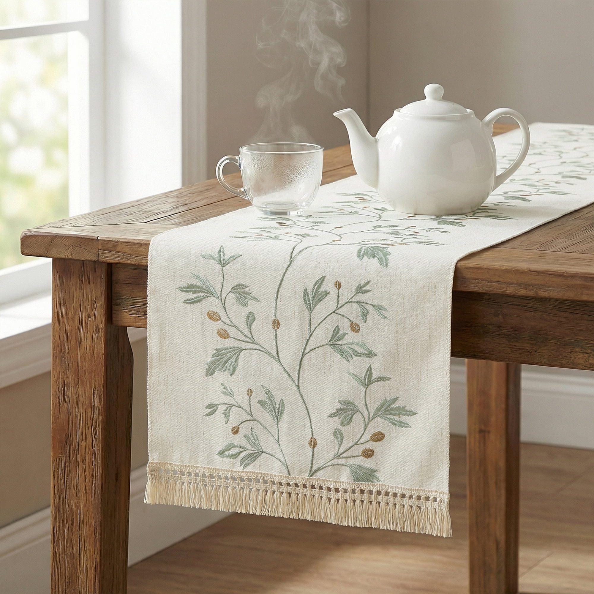 Unique Bargains Long Washable Floral Table Runner for Dining Decor Green 15.4"x82.7"