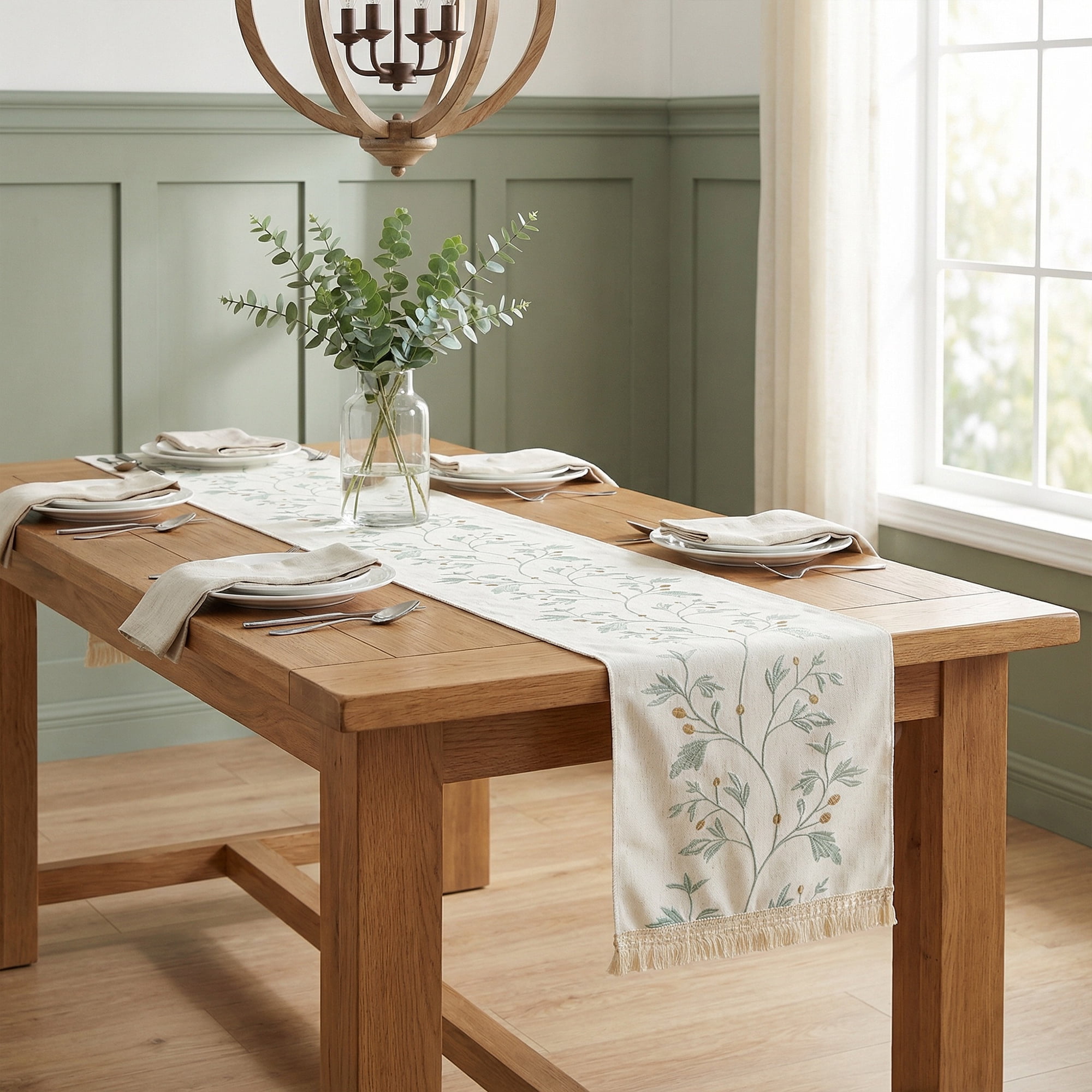 Unique Bargains Long Washable Floral Table Runner for Dining Decor Green 15.4"x94.5"