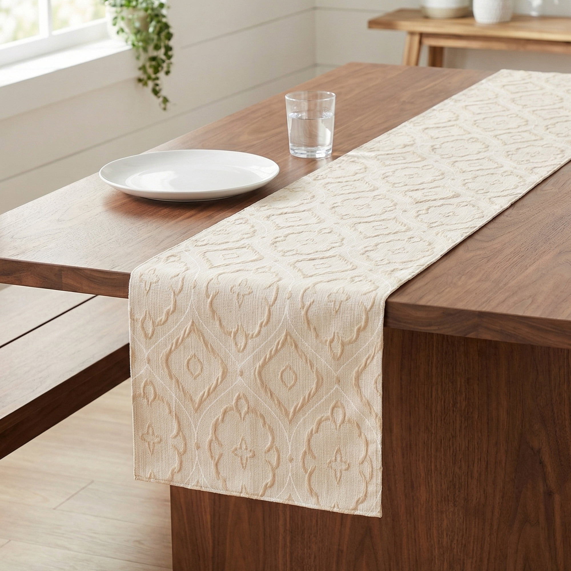 Unique Bargains Long Washable Polyester Runner Table Runner for Table Beige 13.8"x106.3"