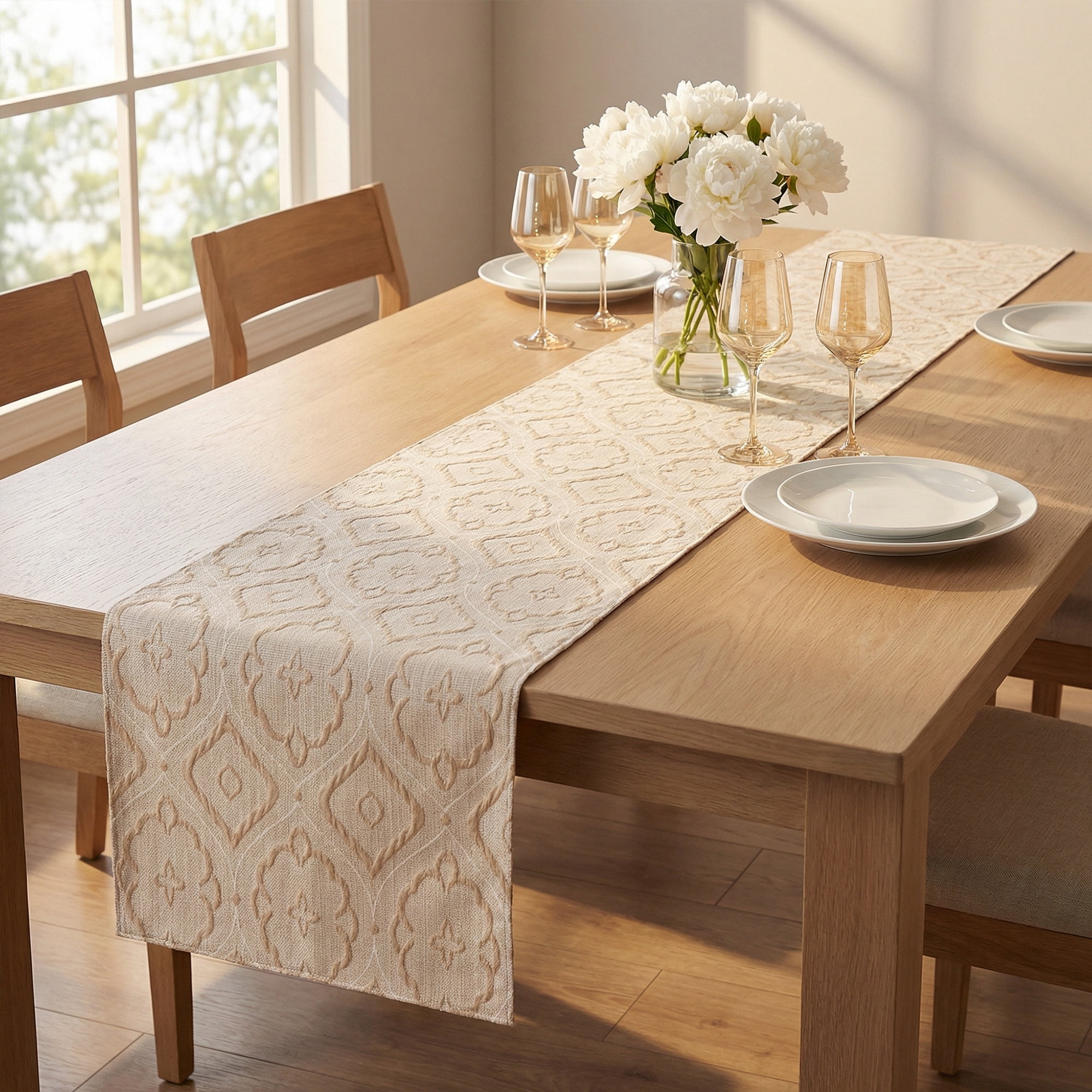 Unique Bargains Long Washable Polyester Runner Table Runner for Table Beige 13.8"x94.5"