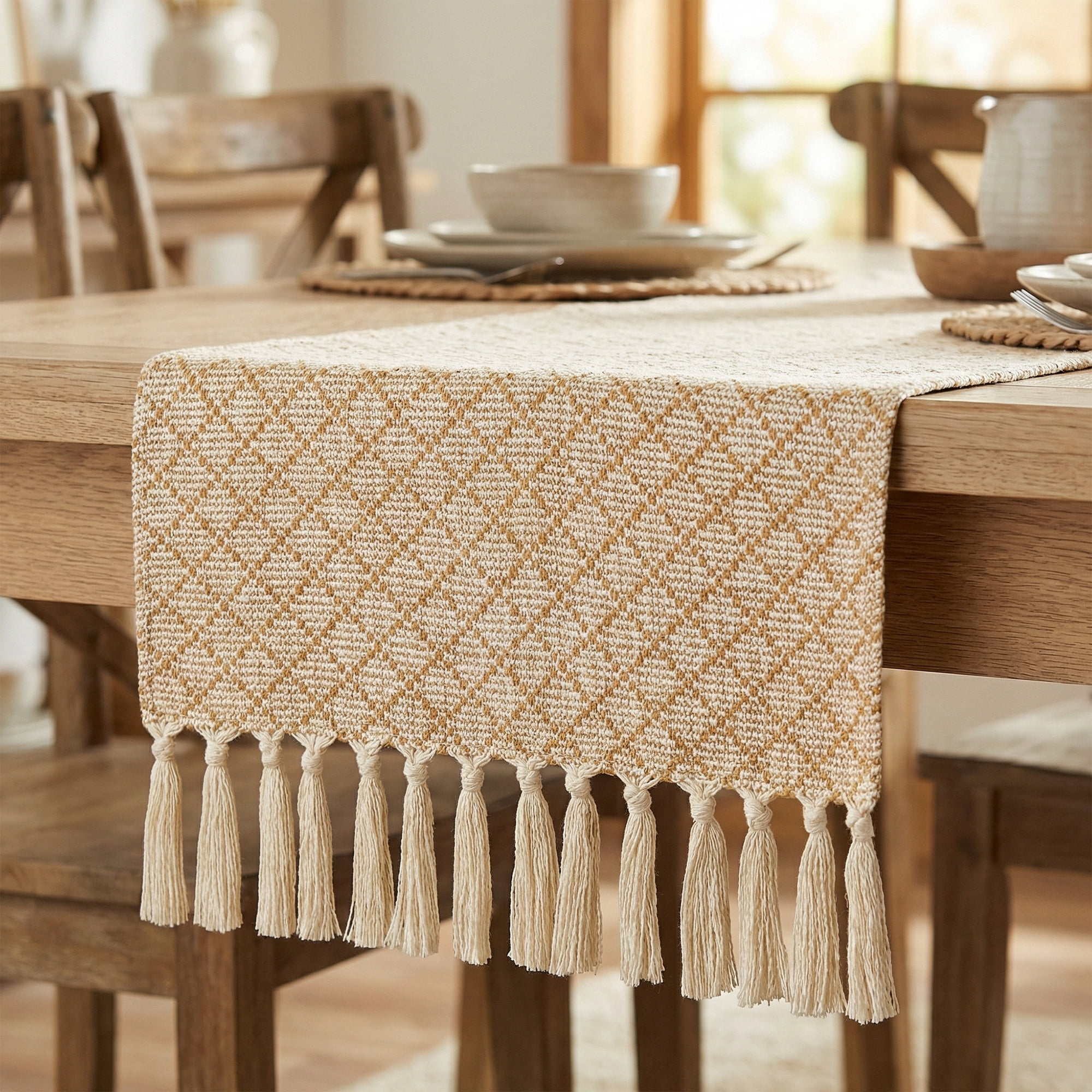 Unique Bargains Long Washable Tassels Table Runner for Decorations Large Square 13"x63"