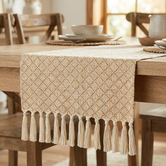 Unique Bargains Long Washable Tassels Table Runner for Decorations Large Square 13"x63"