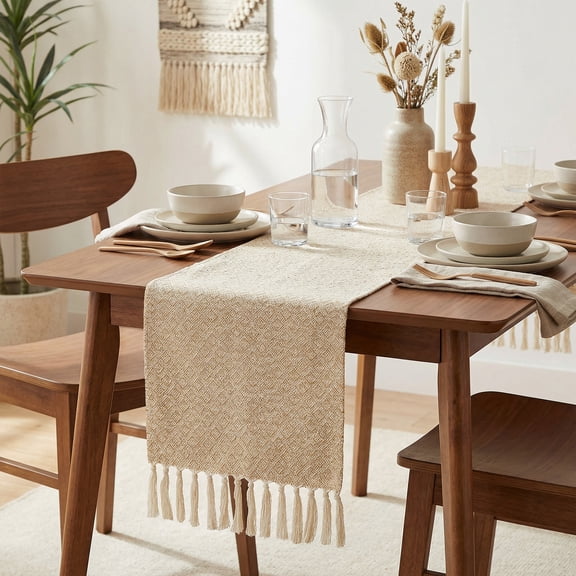 Unique Bargains Long Washable Tassels Table Runner for Decorations Small Squares 13"x63"