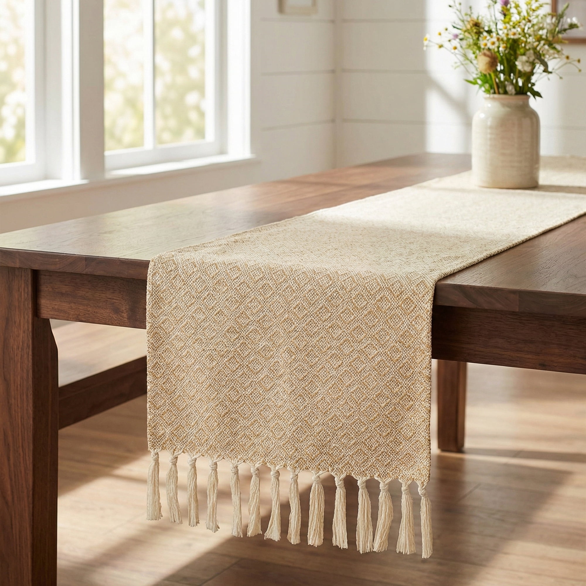 Unique Bargains Long Washable Tassels Table Runner for Decorations Small Squares 13"x72"
