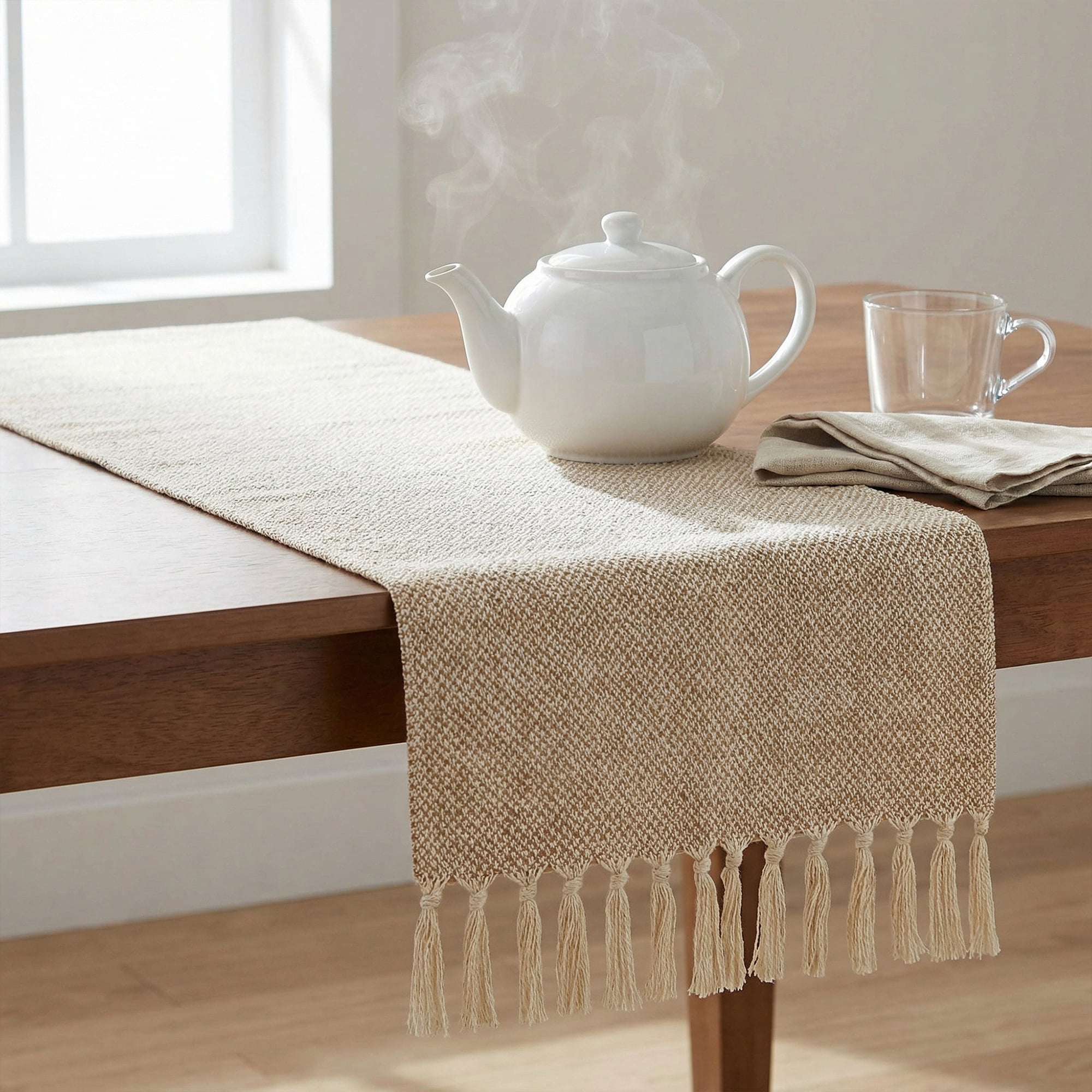 Unique Bargains Long Washable Tassels Table Runner for Decorations Waffle 13"x63"