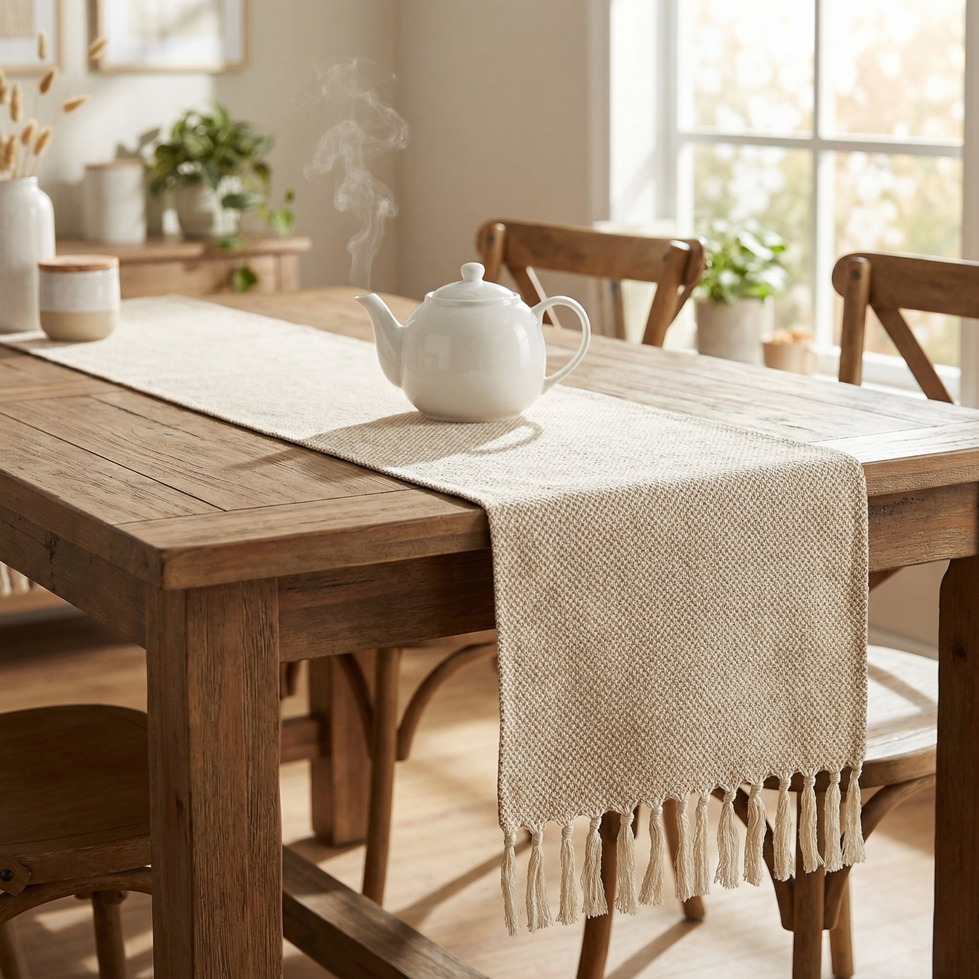 Unique Bargains Long Washable Tassels Table Runner for Decorations Waffle 13"x72"