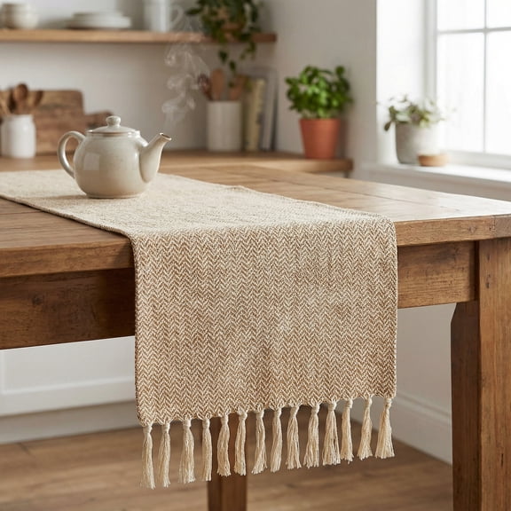 Unique Bargains Long Washable Tassels Table Runner for Decorations Wave Pattern 13"x63"
