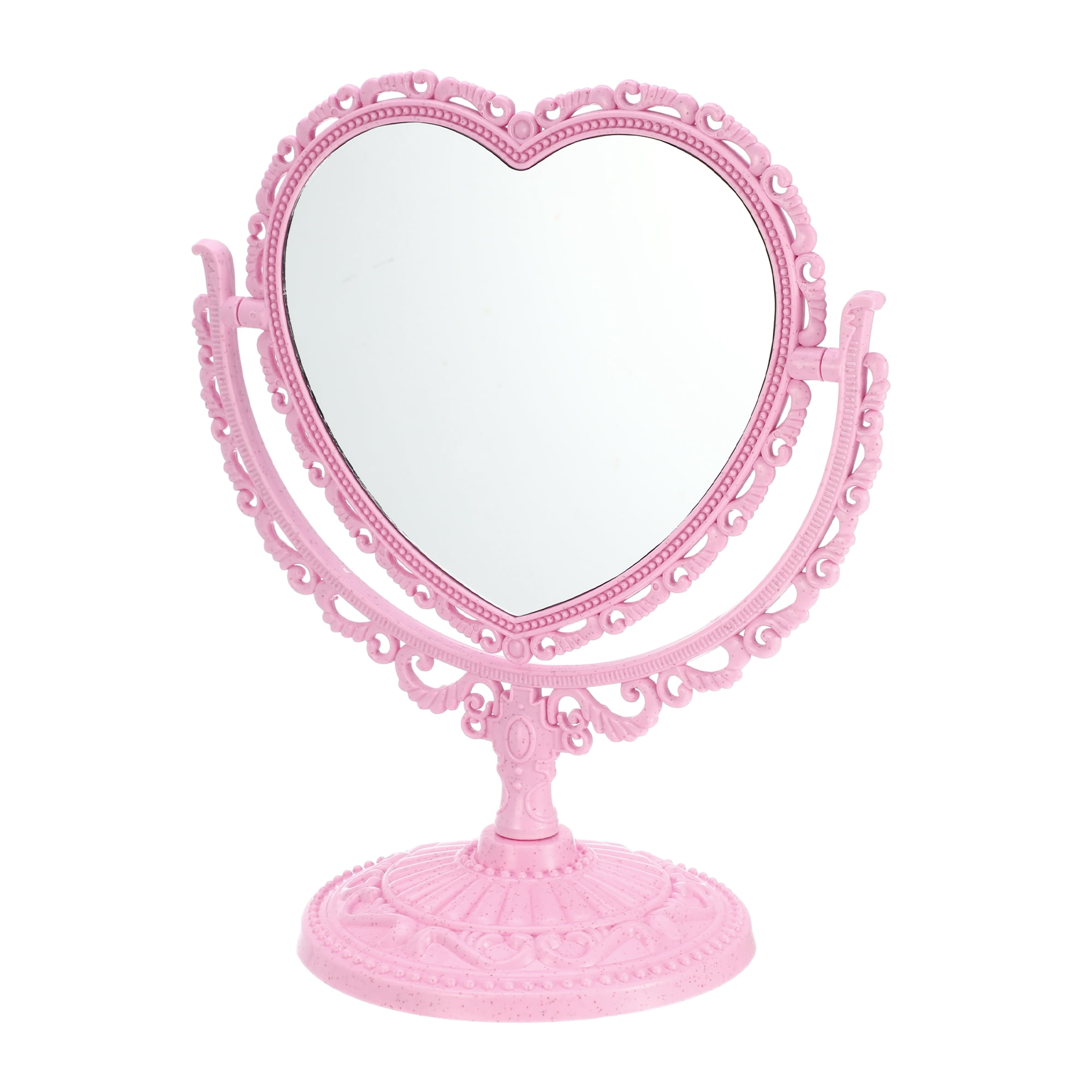 Unique Bargains Love Heart Shaped Double Sided 360° Rotating Makeup Mirror 1 Pc Pink