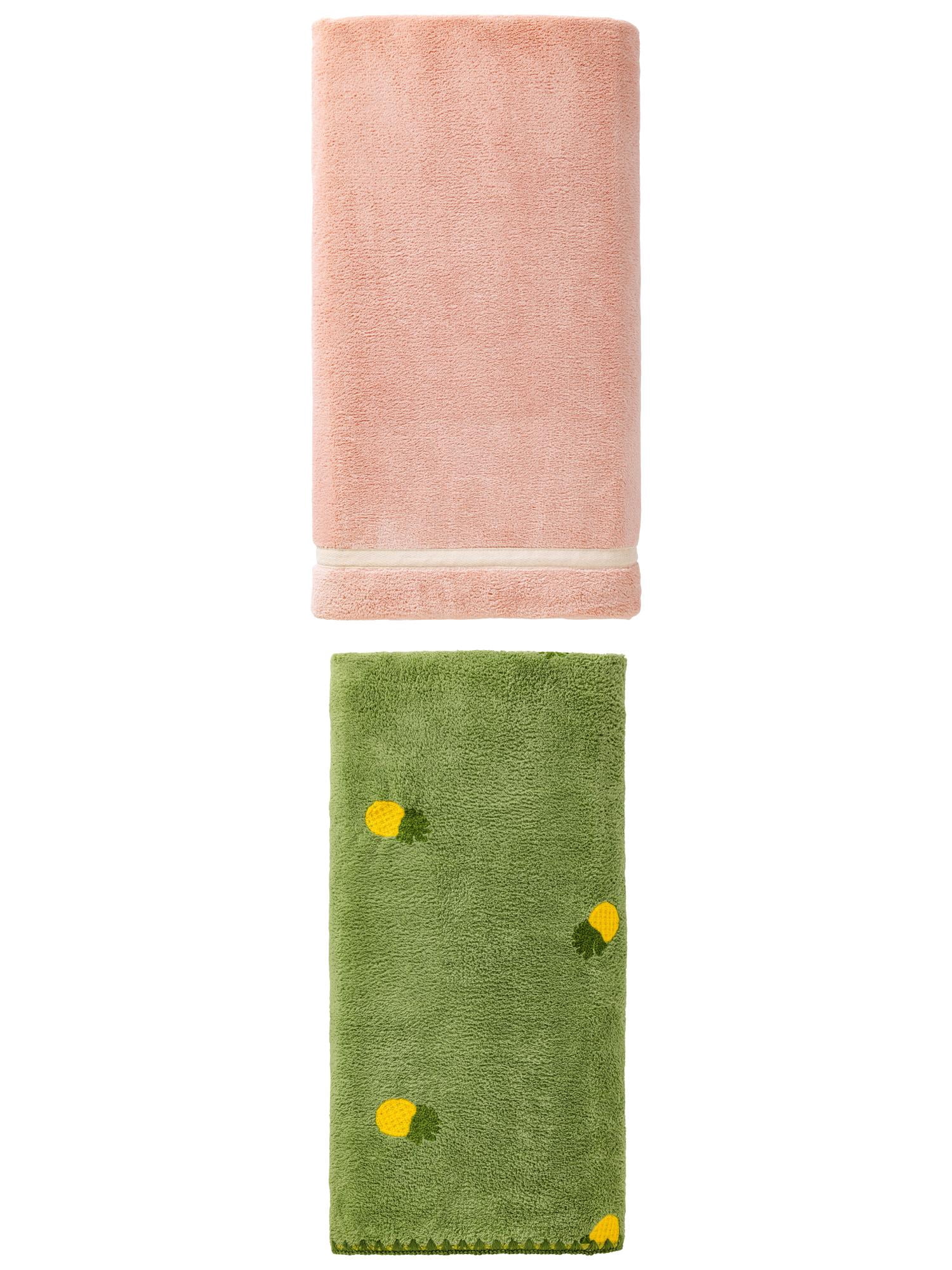 Unique Bargains Luxuriously Cozy High Absorbency Coral Fleece Bath Towel 2 Pack Pink/Green 63" x 31"/55" x 28"