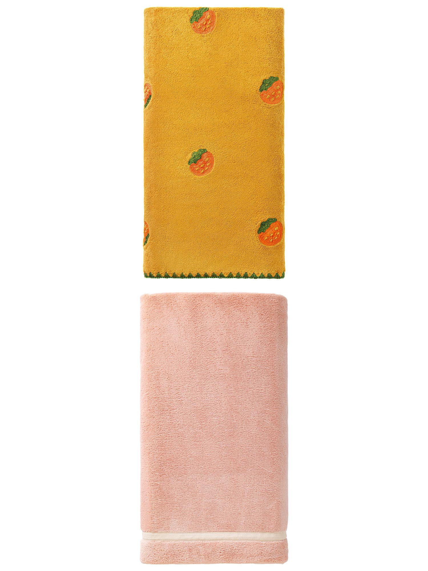 Unique Bargains Luxuriously Cozy High Absorbency Coral Fleece Bath Towel 2 Pack Pink/Yellow 63" x 31"/55" x 28"