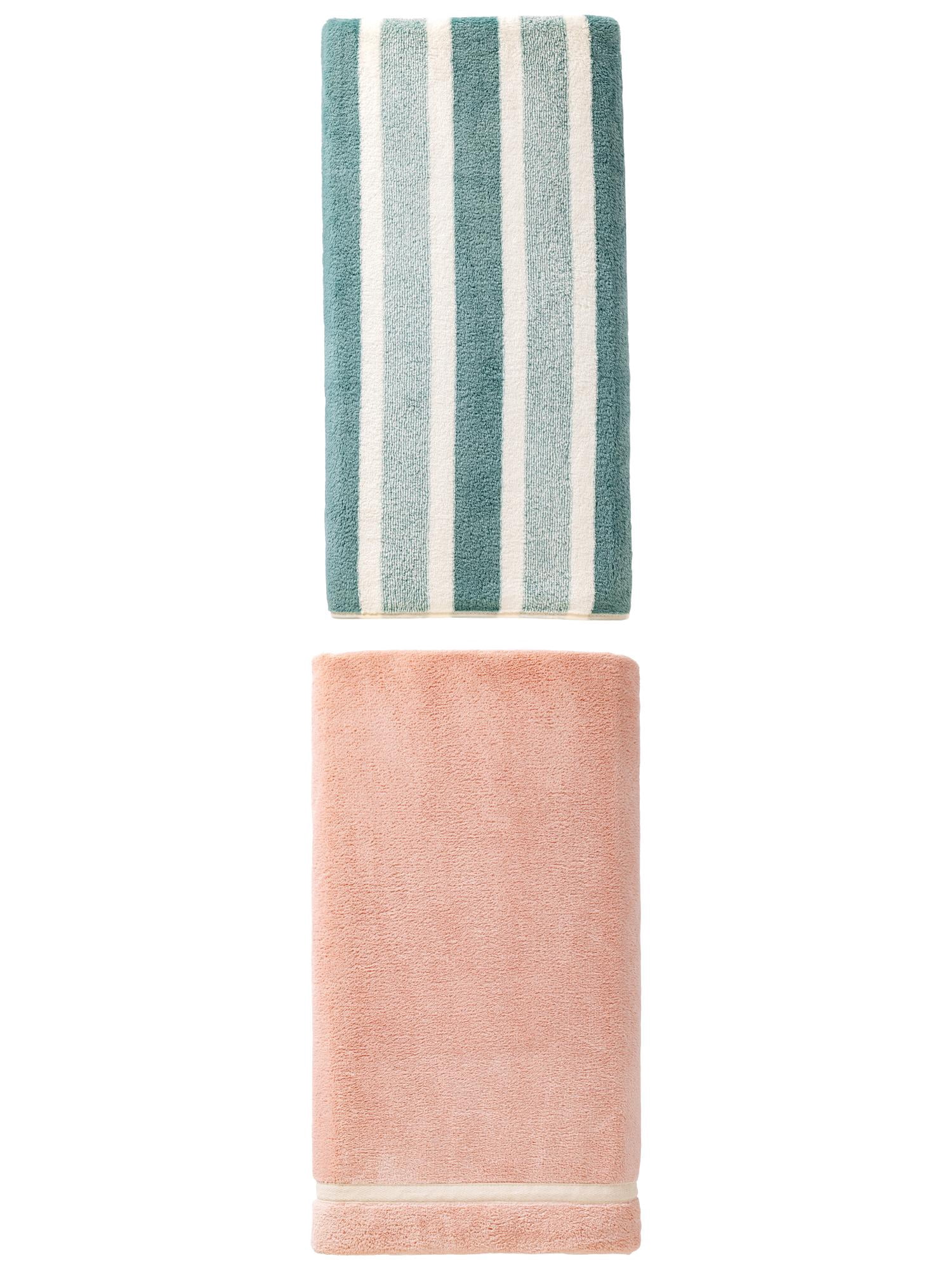 Unique Bargains 2Pcs Fluffy Absorbent Coral Fleece Bath Towel Pink/Green 63"x31"/71"x35"