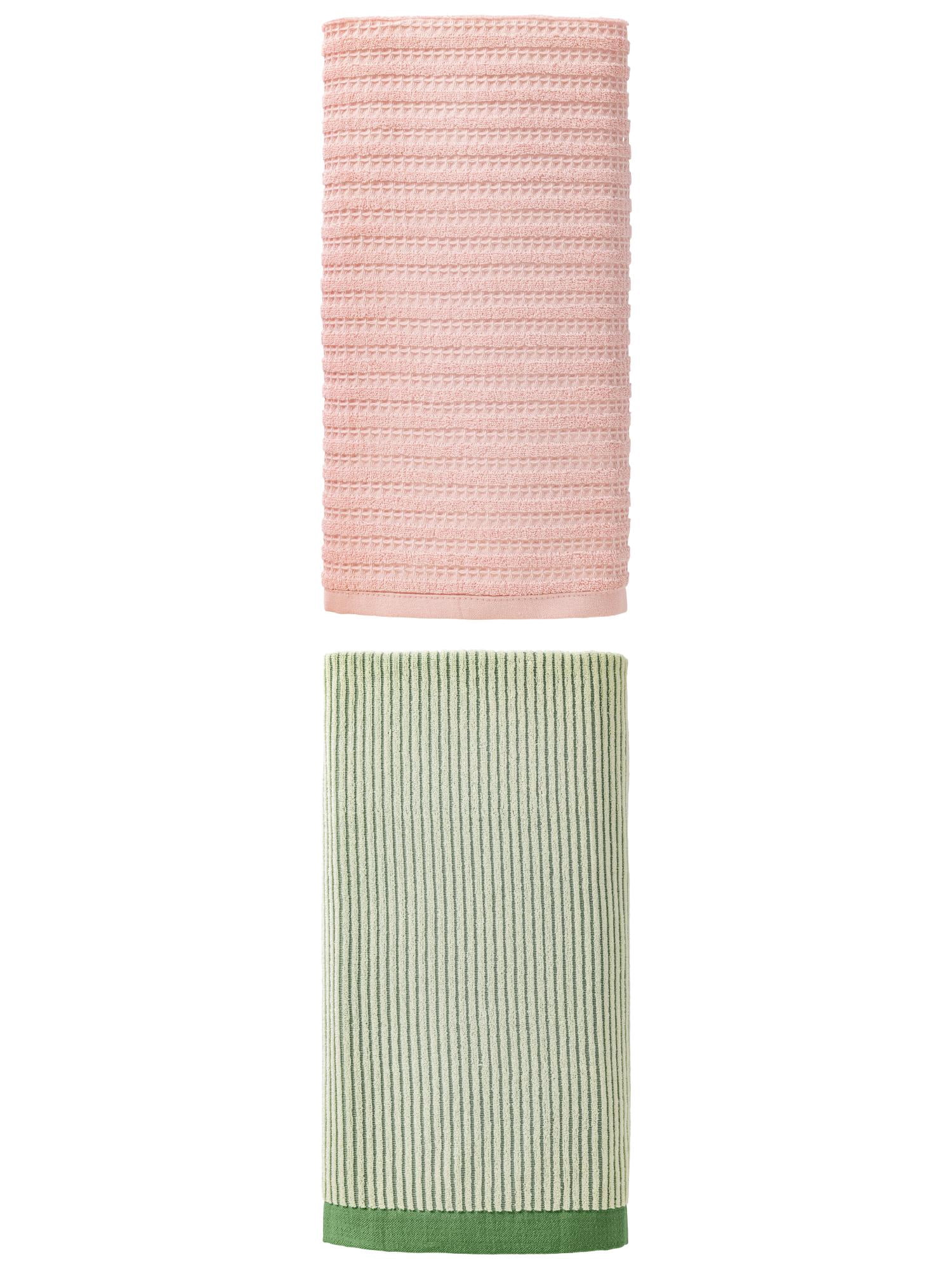 Unique Bargains Luxuriously Soft Strong Absorbent Cotton Bath Towel 2 Pack Green/Pink 55" x 28"