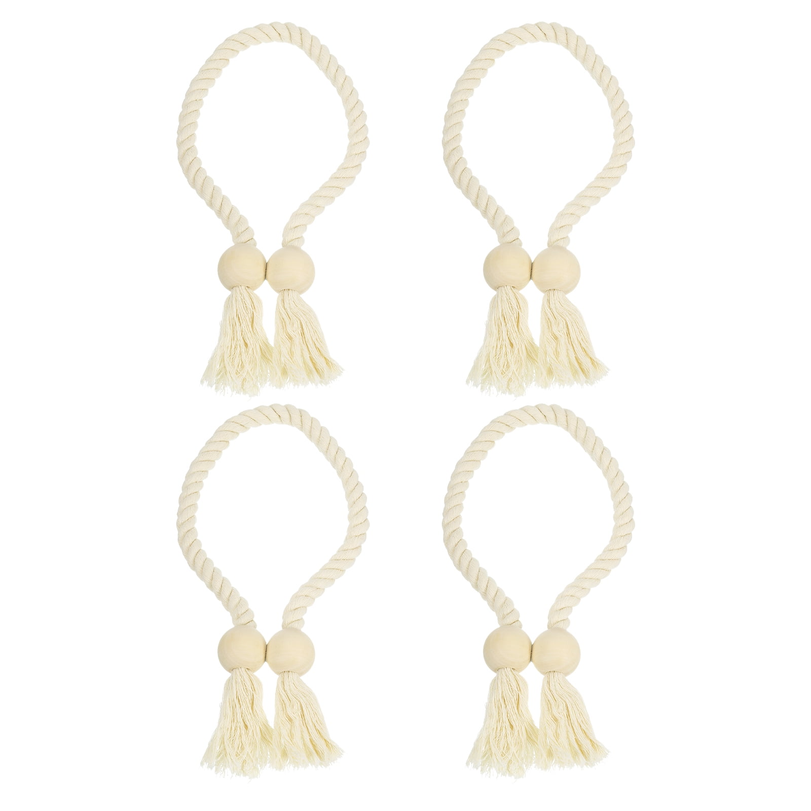 Unique Bargains Magnetic Curtain Tiebacks with Wooden Ball Hand-woven Holdbacks 4Pcs Beige