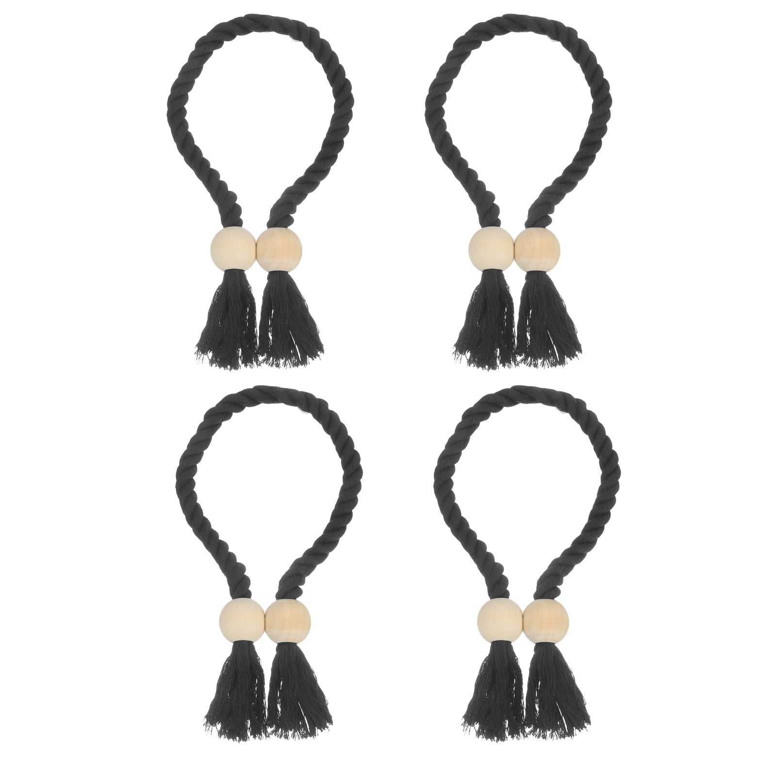 Unique Bargains Magnetic Curtain Tiebacks with Wooden Ball Hand-woven Holdbacks 4Pcs Black