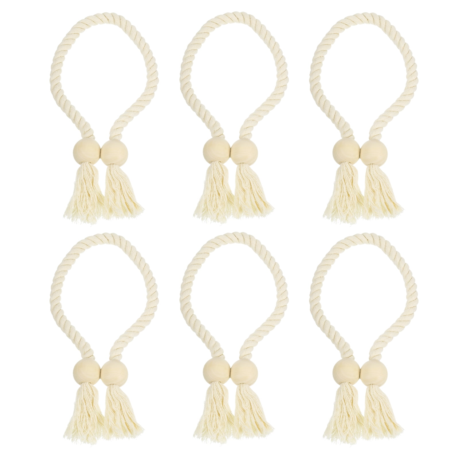 Unique Bargains Magnetic Curtain Tiebacks with Wooden Ball Hand-woven Holdbacks 6Pcs Beige