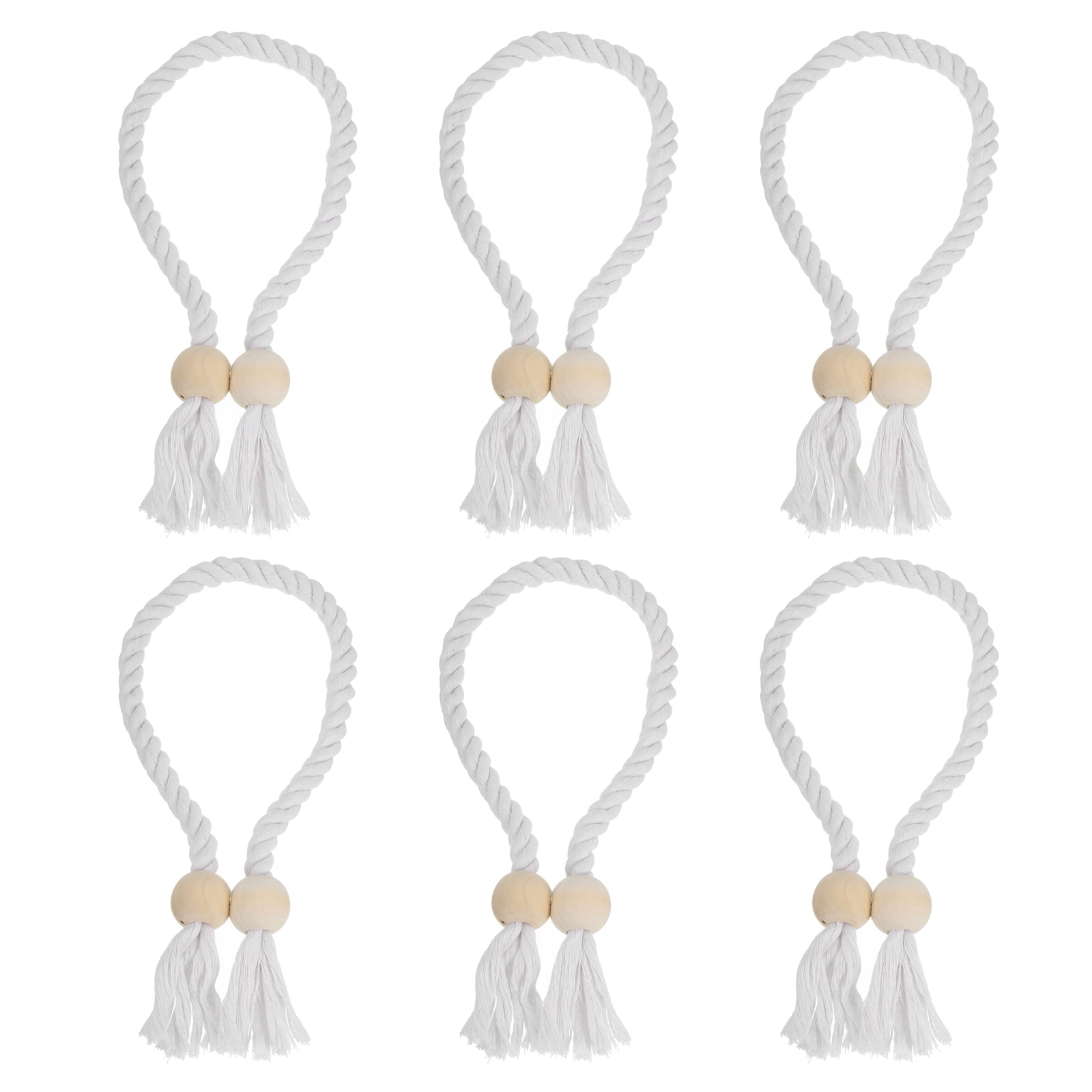 Unique Bargains Magnetic Curtain Tiebacks with Wooden Ball Hand-woven Holdbacks 6Pcs White