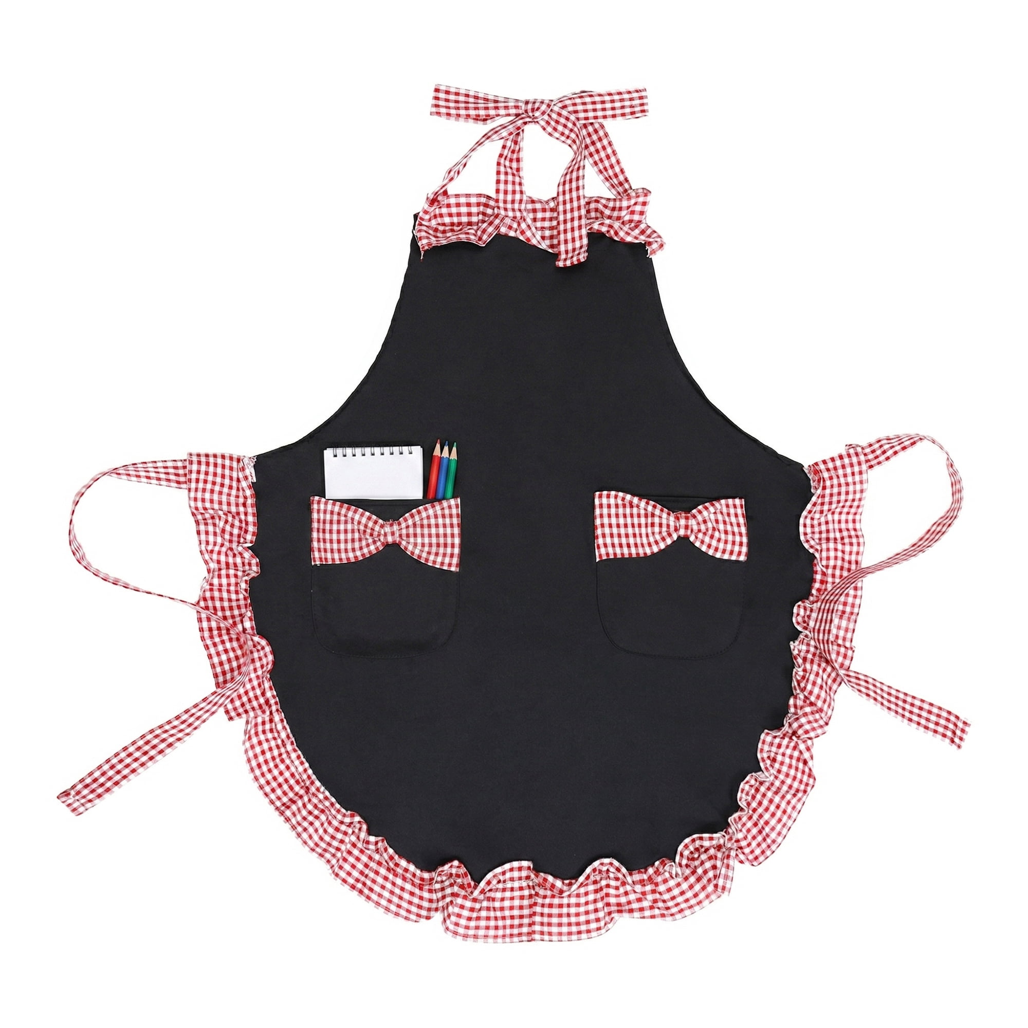 Unique Bargains Maid-style Durable Polyester Aprons with Pockets 25.4x28in Black Red
