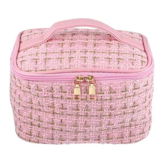 Unique Bargains Makeup Bag Cosmetic Travel Bag Case Woolen Large Makeup Bag Organizer Bag for Women Plaid Pattern Pink