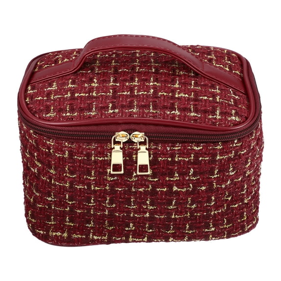 Unique Bargains Makeup Bag Cosmetic Travel Bag Case Woolen Large Makeup Bag Organizer Bag for Women Plaid Pattern Red