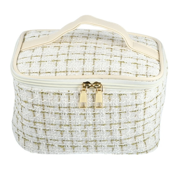 Unique Bargains Makeup Bag Cosmetic Travel Bag Case Woolen Large Makeup Bag Organizer Bag for Women Plaid Pattern White