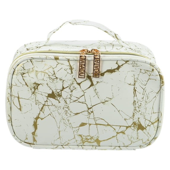 Unique Bargains Makeup Bag Marble Cosmetic Travel Bag Make Up Brush Organizer Bag Storage White Gold Tone 8"x5"x4"