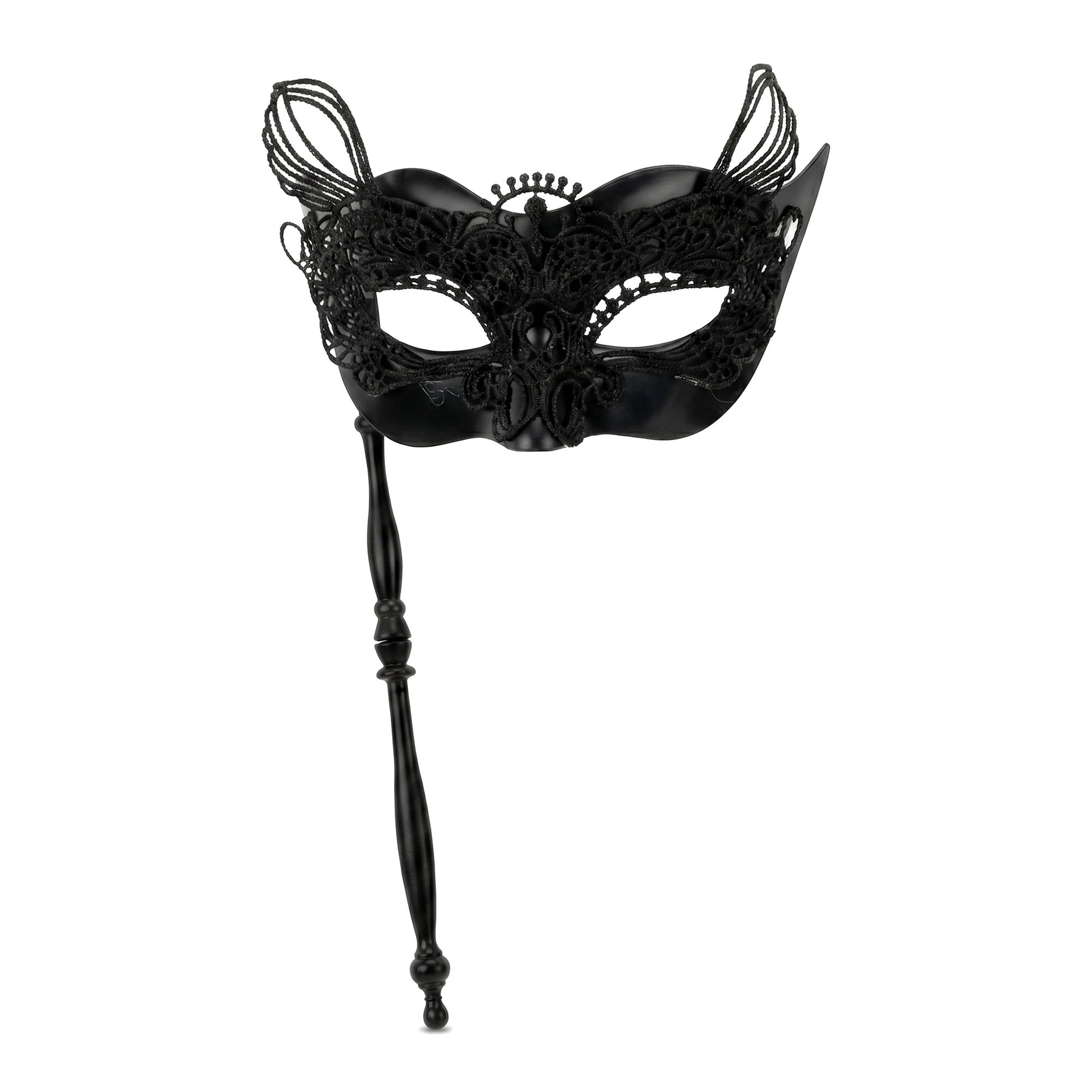 Unique Bargains Handheld Masquerade Mask with Stick Molded Venetian Plastic Eye Mask Black Cat Head 12.2" x 7.1"
