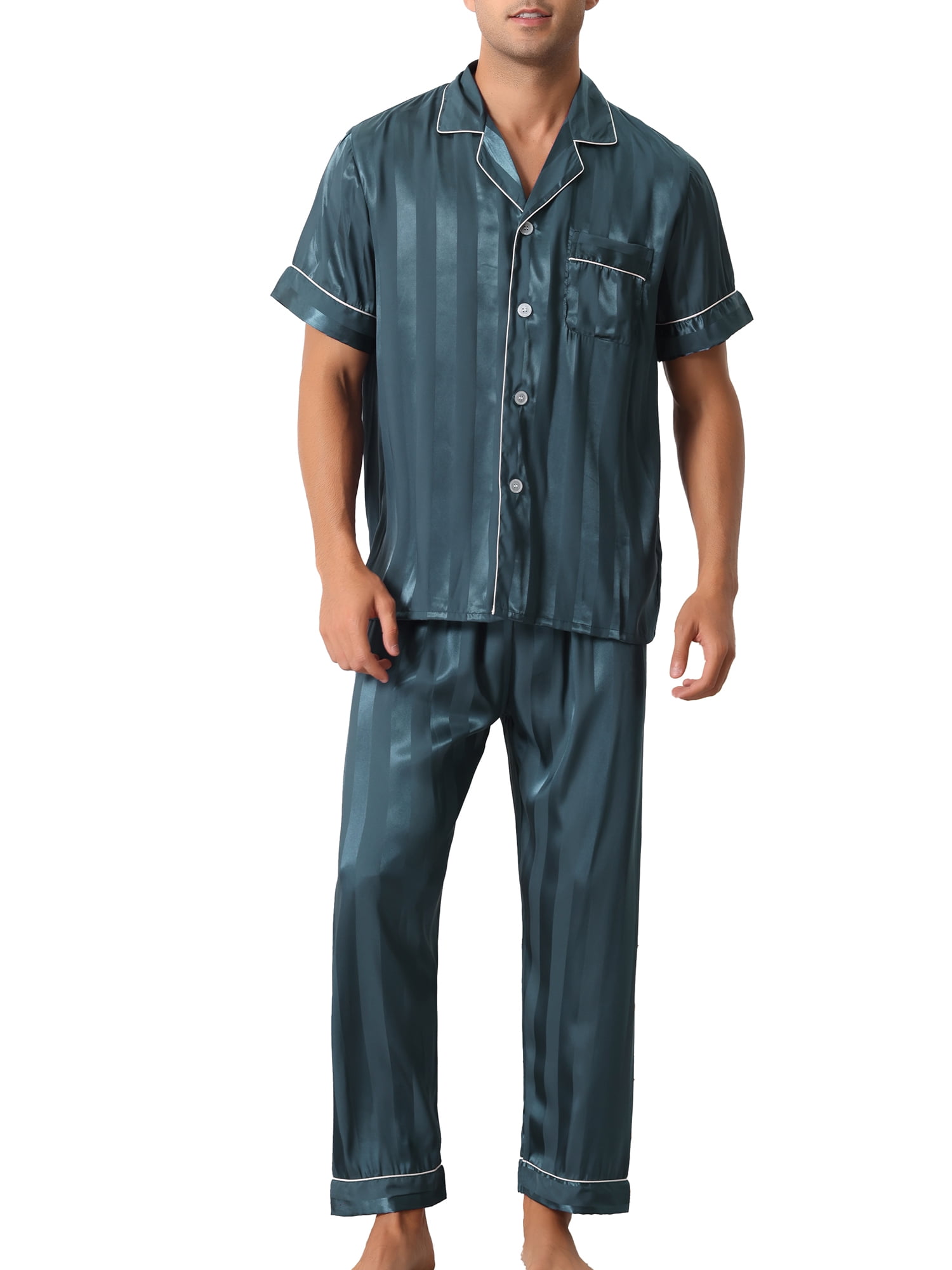 Unique Bargains Men Striped Satin Button Down Short Sleeve Long Pants Pajama Set S Blue