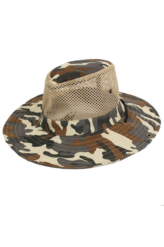 Men Wide Full Brim Camouflage Mesh Design Fishing Outdoor Hiking Hat Cap