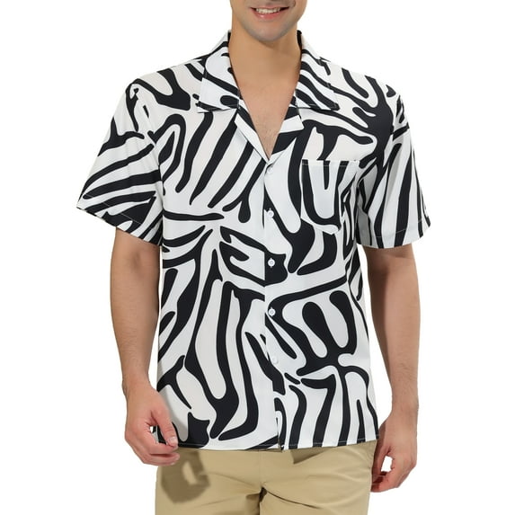 Unique Bargains Men's Animal Print Short Sleeves Button Up Summer Shirts M Black White