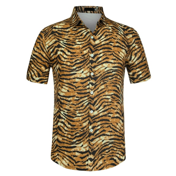 Unique Bargains Men's Animal Print Short Sleeves Casual Summer Printed Shirts 2XL Tiger Print