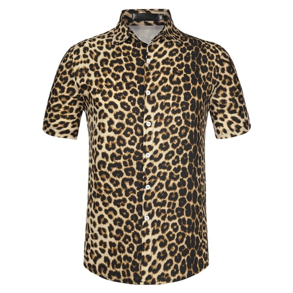 Unique Bargains Men's Animal Print Short Sleeves Casual Summer Printed Shirts M Leopard Print