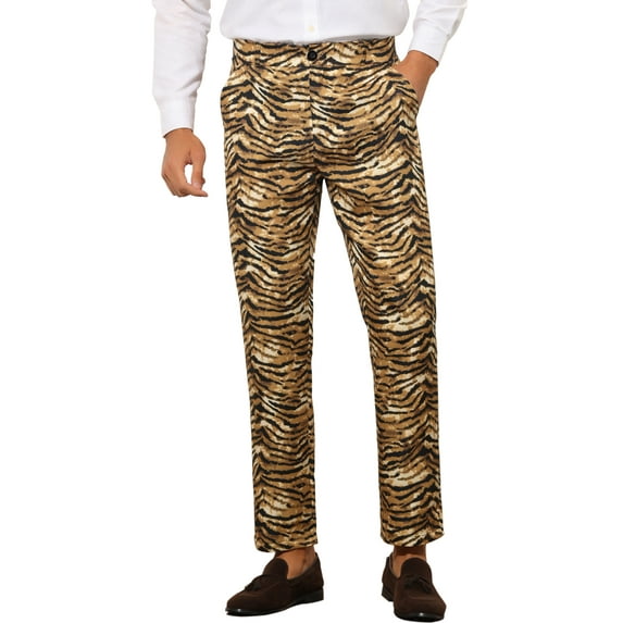 Unique Bargains Men's Animal Printed Dress Pants Regular Fit Pattern Trousers 34 Brown