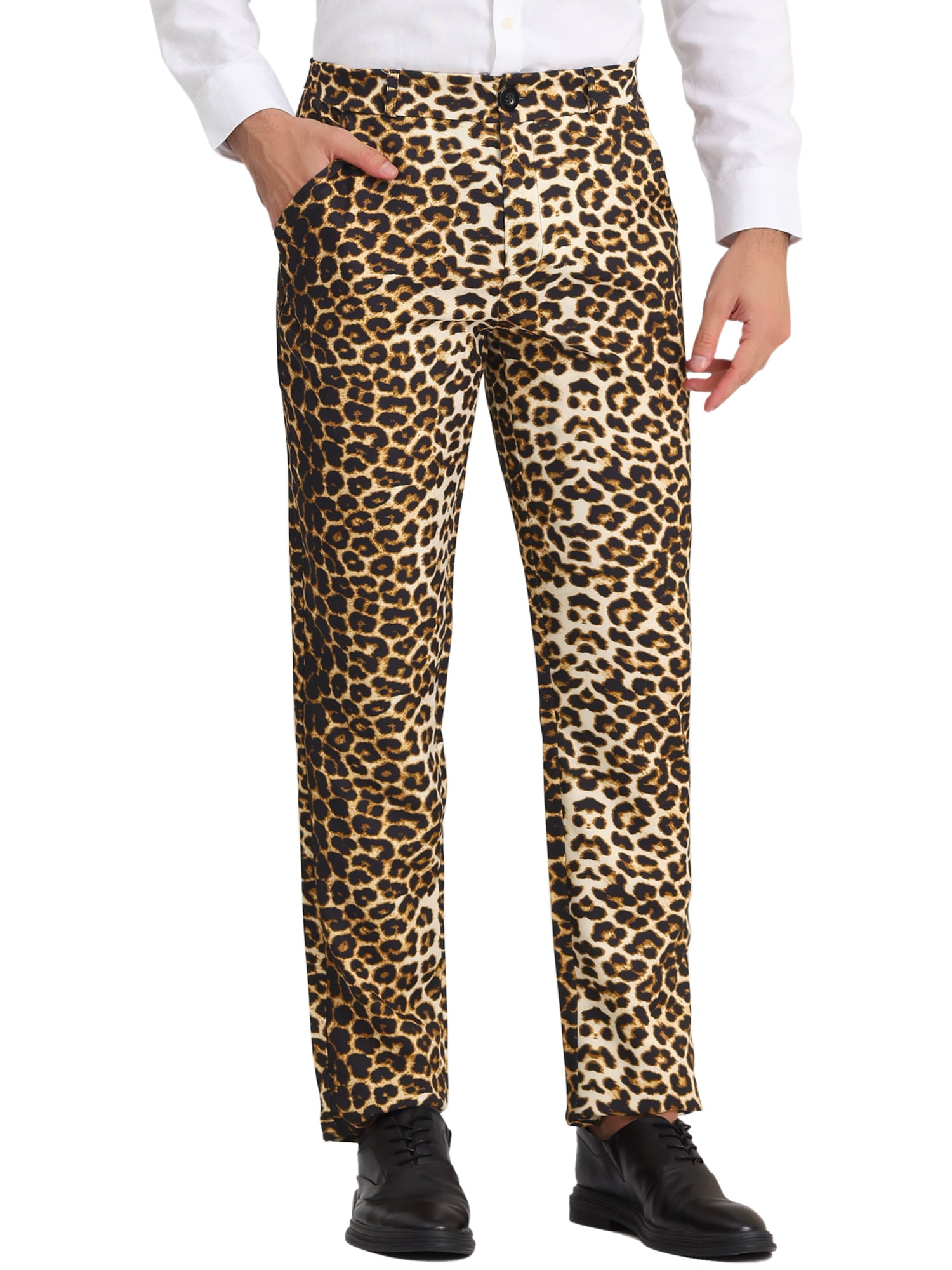 Unique Bargains Men's Animal Printed Flat Front Zipper Closure Party Prom Dress Pants 28 Leopard Print
