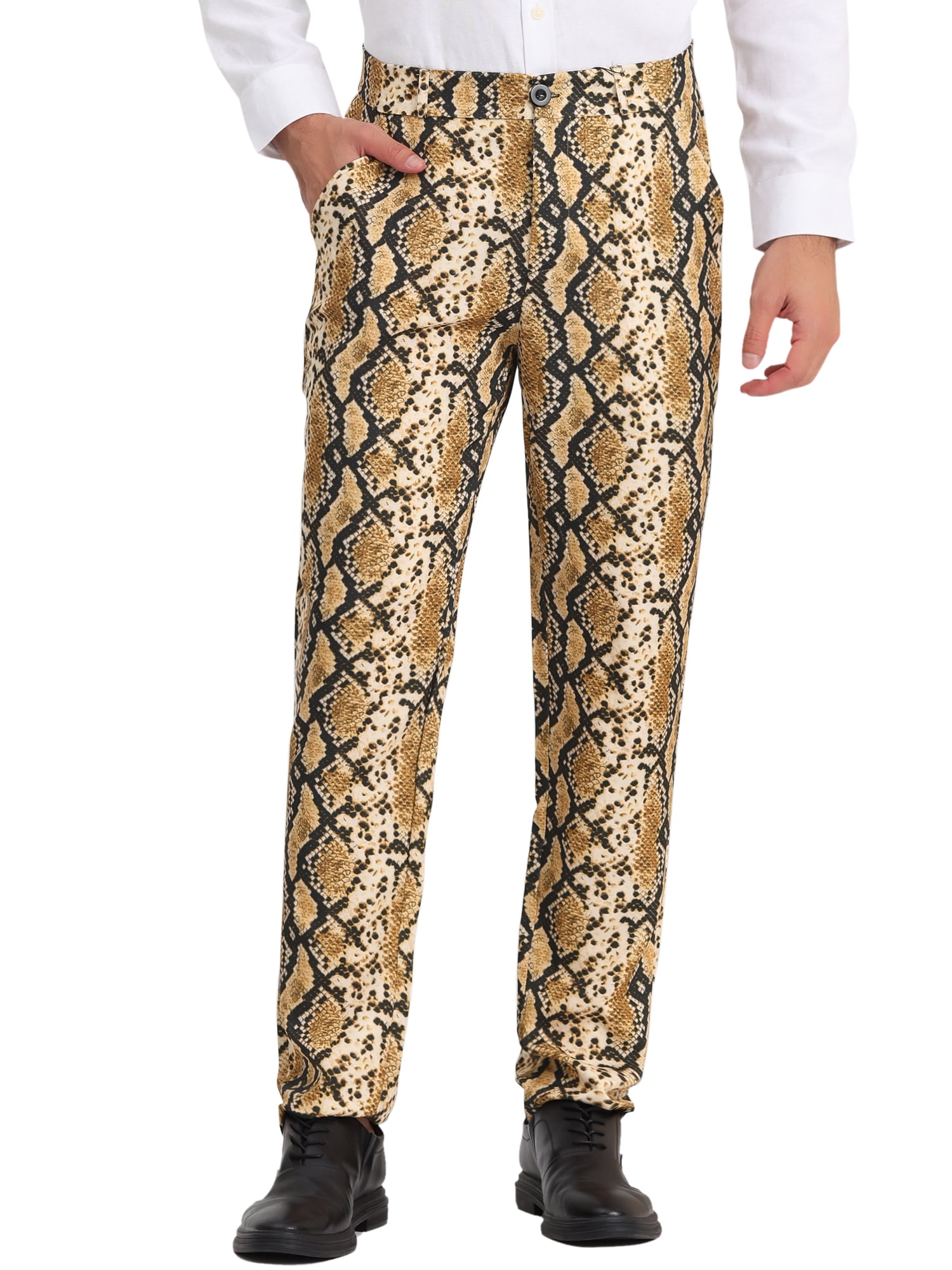 Unique Bargains Men's Animal Printed Flat Front Zipper Closure Party Prom Dress Pants 28 Snake Print