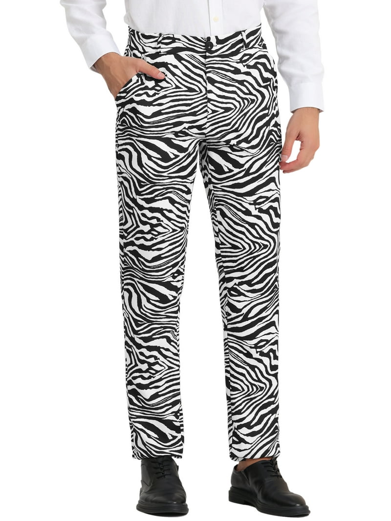 dress pants with design Unique Bargains Men's Animal Printed Flat Front Zipper Closure Party Prom 28 Zebra Print, Size: 30, Black collection:holidayshop Farmhouse chic dresser makeover Select Pants Waist Size:31W these slim Fancy