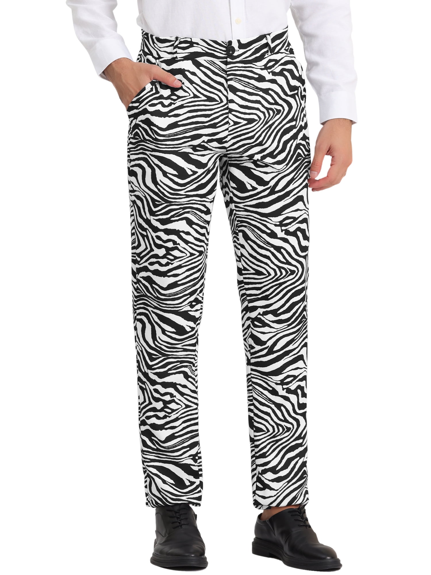 Unique Bargains Men's Animal Printed Flat Front Zipper Closure Party Prom Dress Pants 30 Zebra Print
