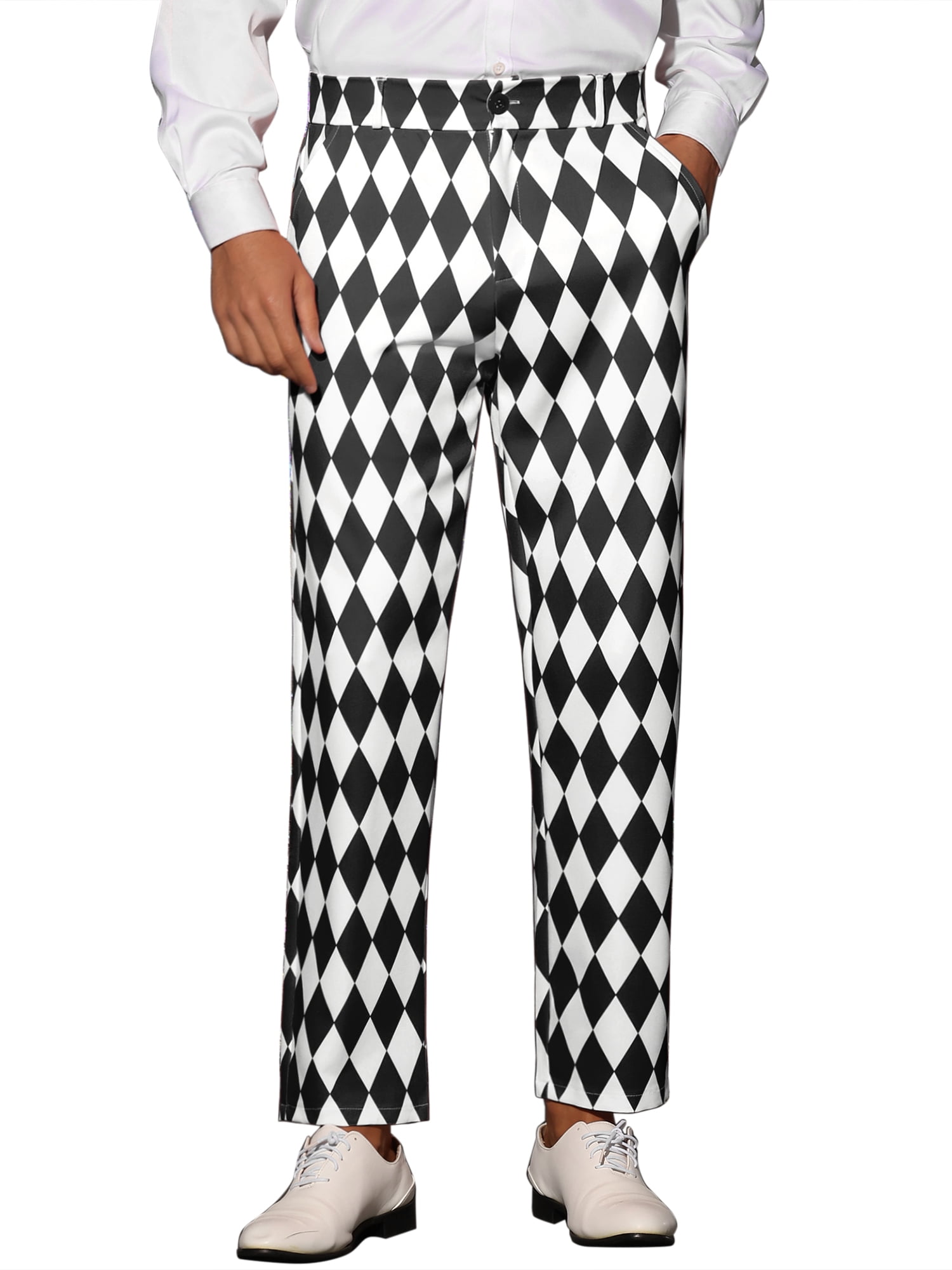DARING DIVA Men's Argyle Pattern Regular Fit Flat Front Party Prom Trousers 32 Black White