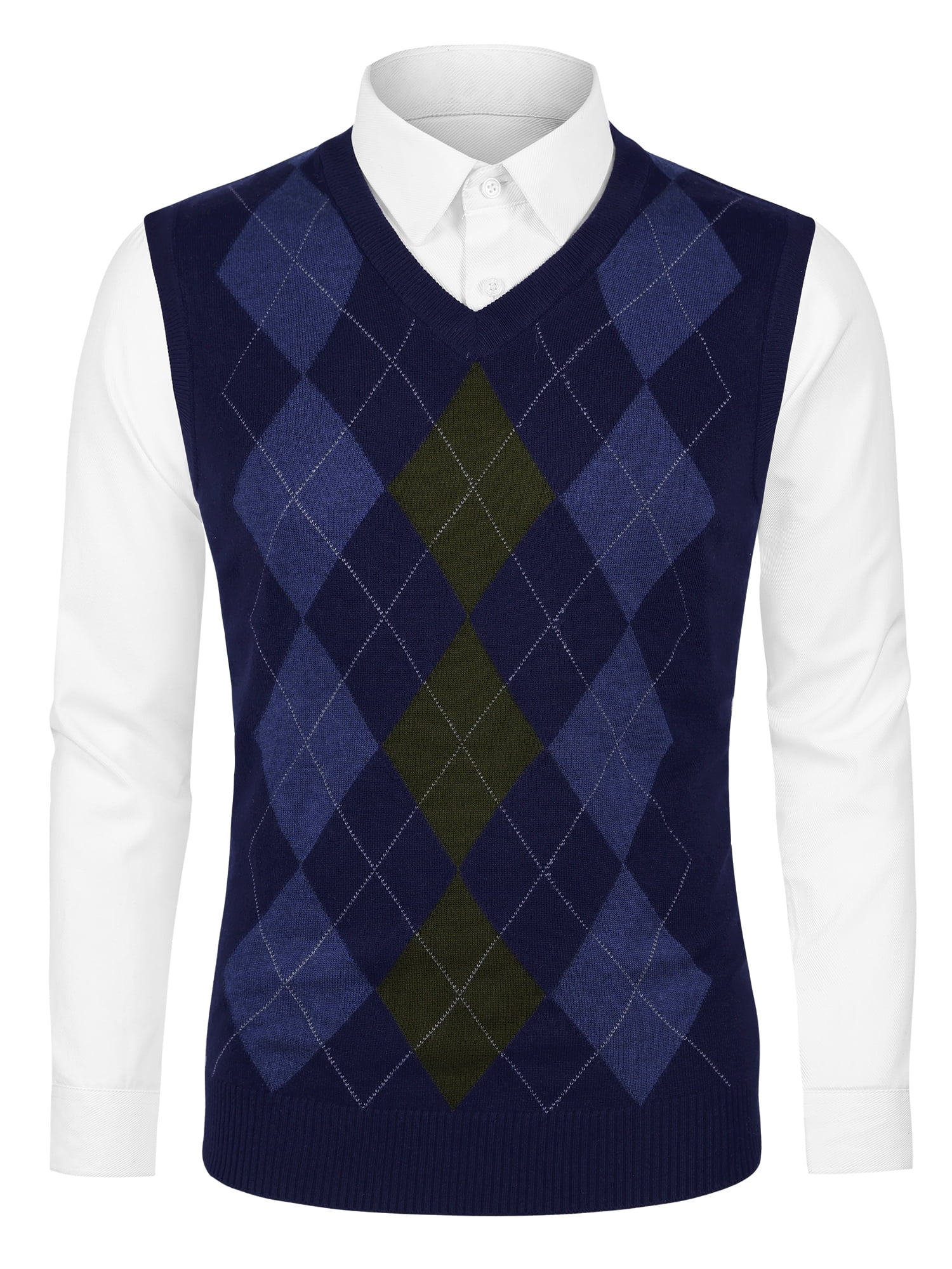 Unique Bargains Men's Argyle V Neck Slim Fit Sleeveless Knit Pullover Sweater Vests M Navy