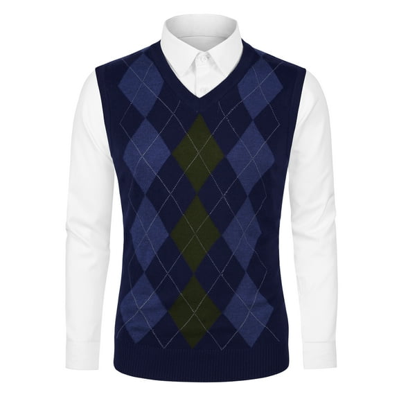 Unique Bargains Men's Argyle V Neck Slim Fit Sleeveless Knit Pullover Sweater Vests M Navy