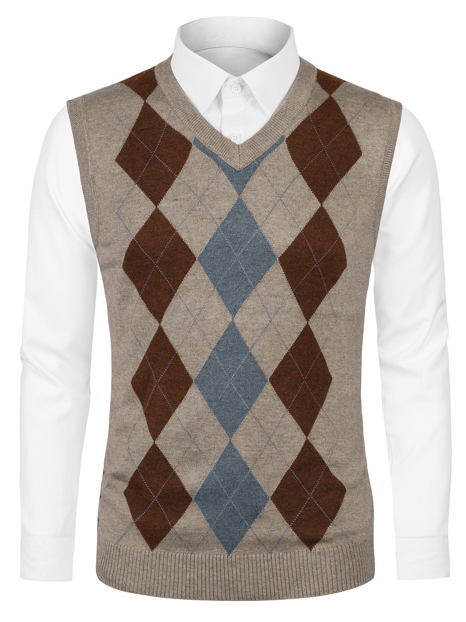 Unique Bargains Men's Argyle V Neck Slim Fit Sleeveless Knit Pullover Sweater Vests S Beige
