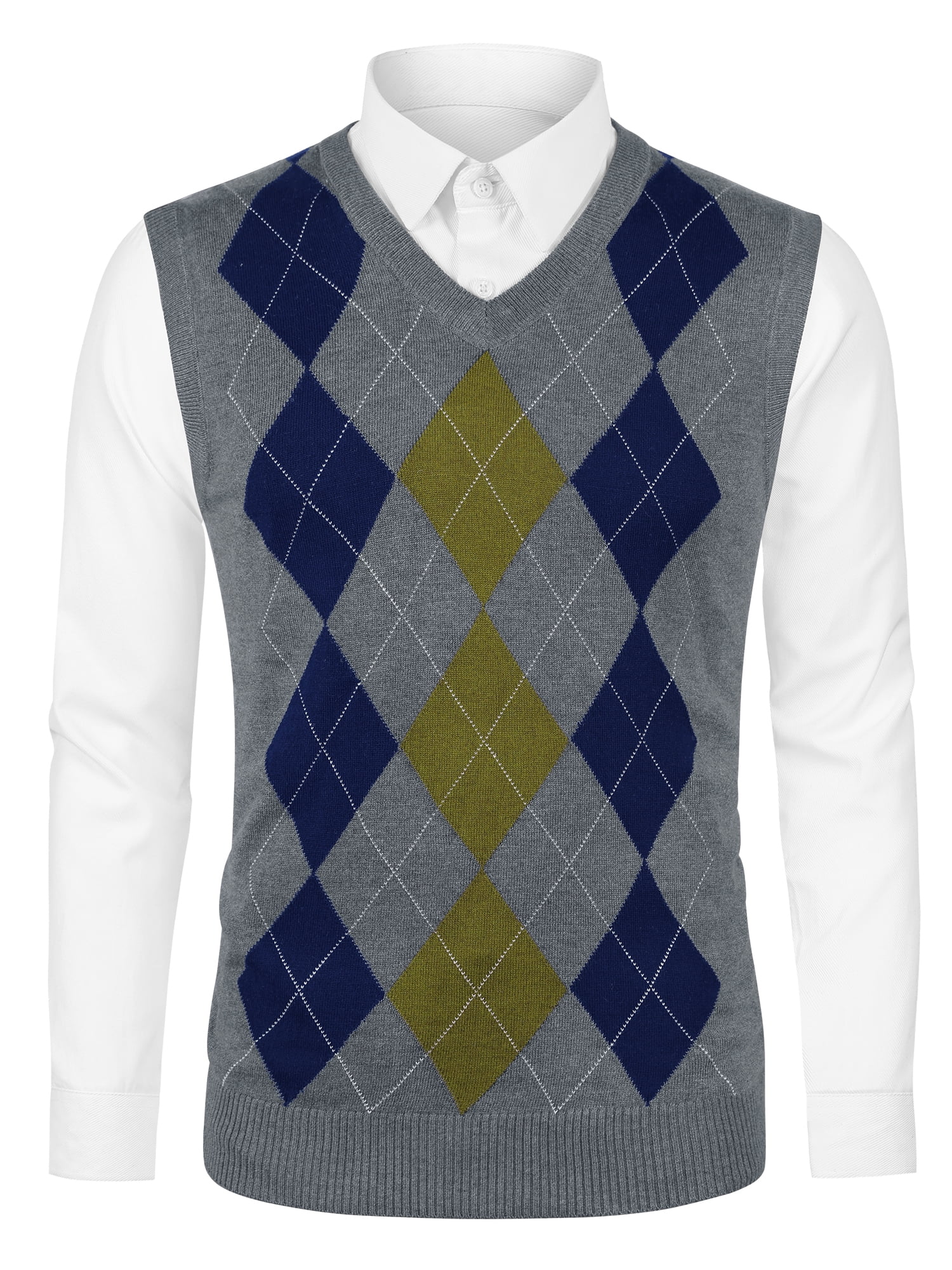 Unique Bargains Men's Argyle V Neck Slim Fit Sleeveless Knit Pullover Sweater Vests S Gray