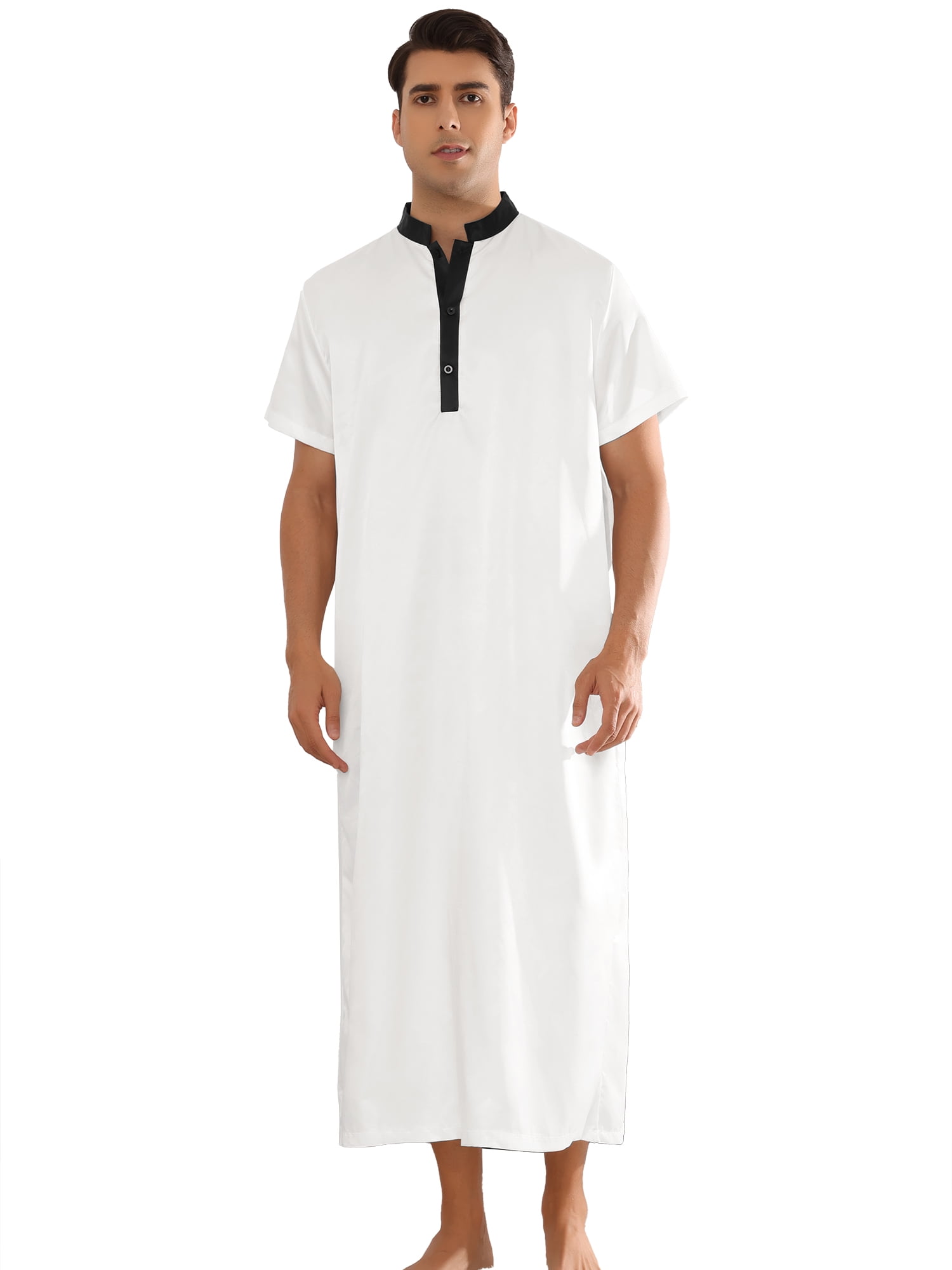 Unique Bargains Men's Band Collar Nightshirt Short Sleeves Contrast Color Sleepwear XL White