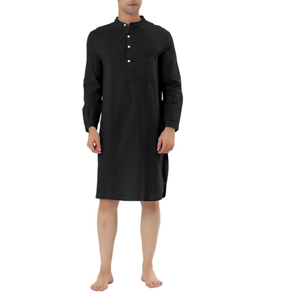 Unique Bargains Men's Banded Collar Nightshirt Sleep Shirt Nightgown L Black