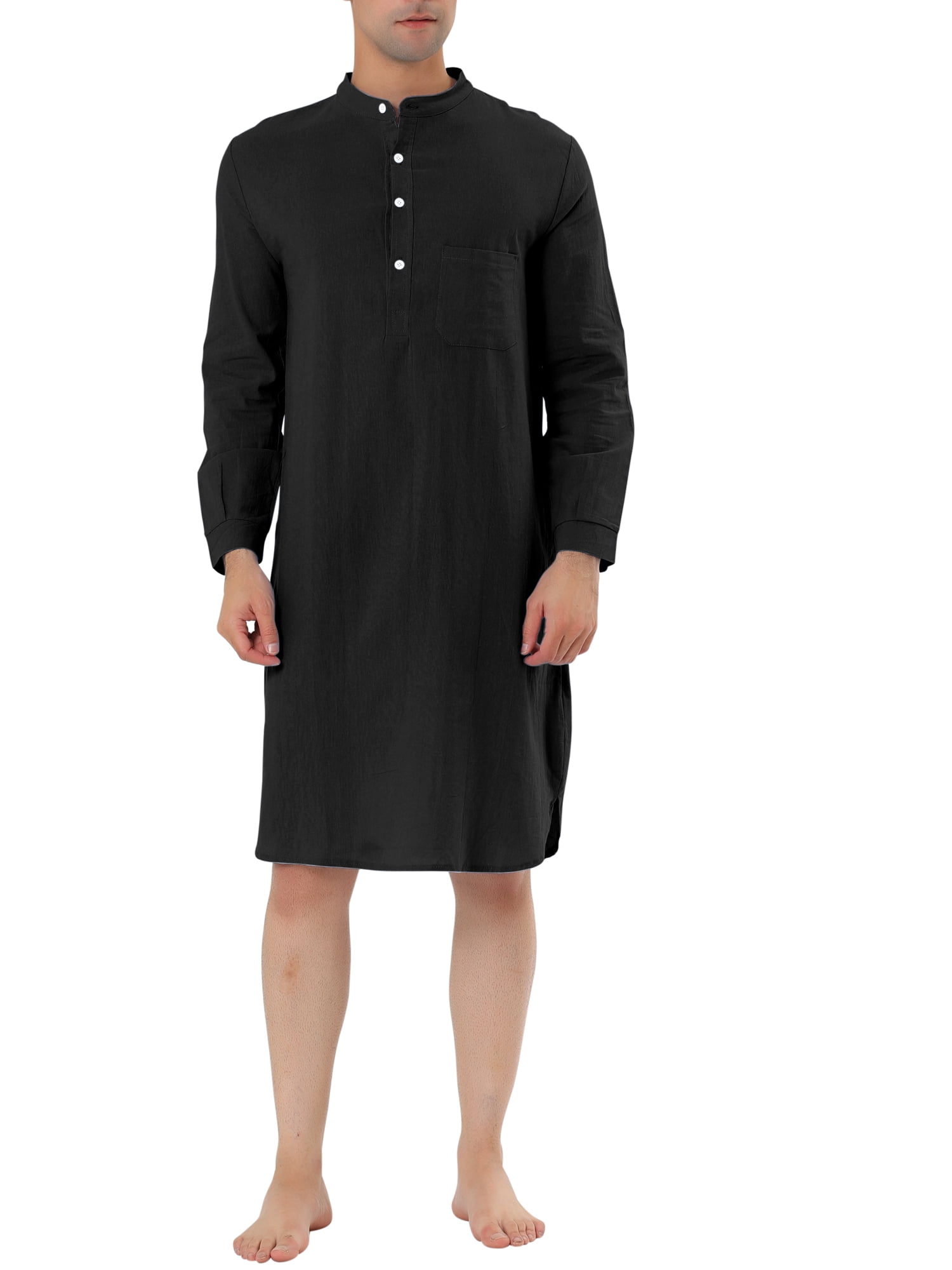 Unique Bargains Men s Banded Collar Nightshirt Sleep Shirt Nightgown M Black Walmart