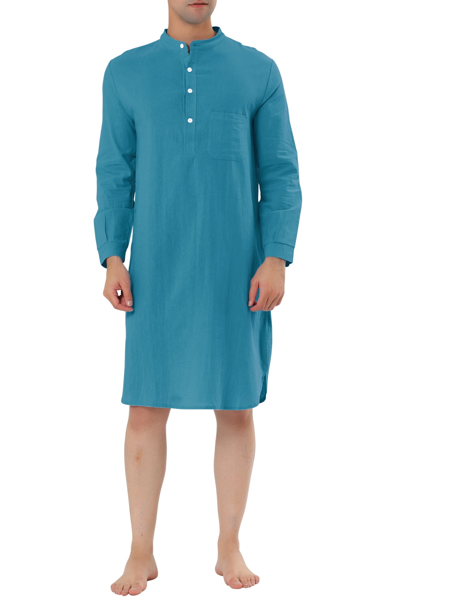 Unique Bargains Men's Banded Collar Nightshirt Sleep Shirt Nightgown M Lake Blue