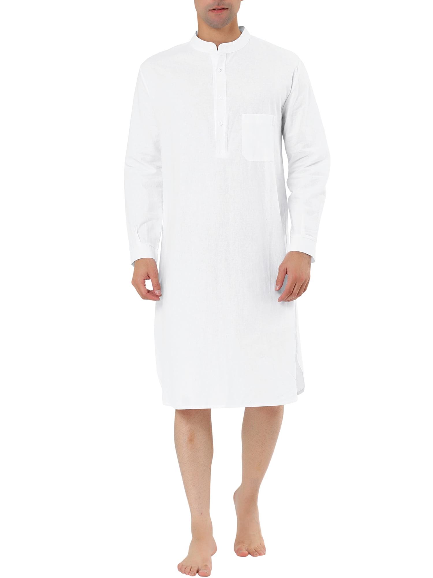 Unique Bargains Men's Banded Collar Nightshirt Sleep Shirt Nightgown M White